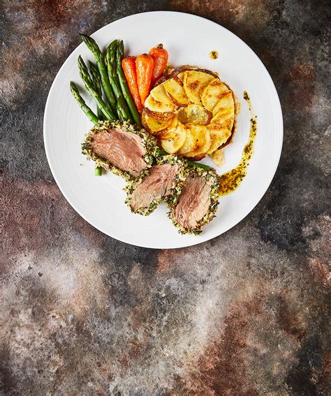 Herb Crusted Lamb Rump Potato Gratin Asparagus Mint Sauce Recipe