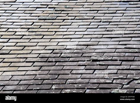 Old Black Slate Roof With Lichen Stock Photo Alamy