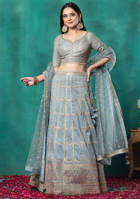 Buy Women Sage Green Zari Sequin Grid Embroidered Bridal Lehenga Set