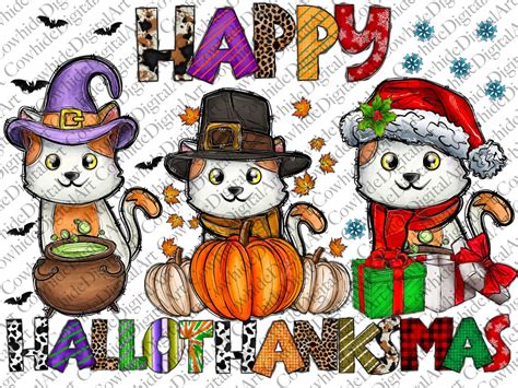 Happy Hallothanksmas Cat PNG Pussy Clipart Fall PNG Halloween Png Christmas PNG Western Png