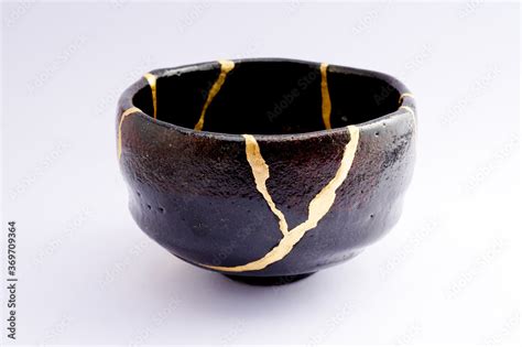 Antique Broken Japanese Black Bowl Repaired With Gold Kintsugi