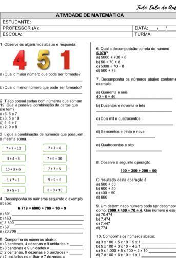 Atividade De MatemÁtica ComposiÇÃo E DecomposiÇÃo 3º Ano 4º Ano Com Gabarito