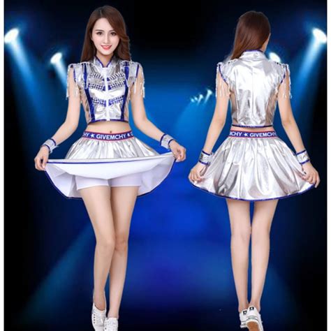 Silver With Royal Blue Leather Jazz Dance Costumes For Women Girls Adult Cheerleader Ds