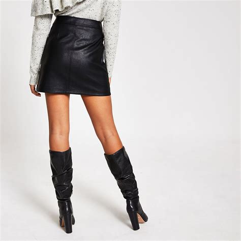 Black Faux Leather Quilted Zip Mini Skirt River Island Faux Leather