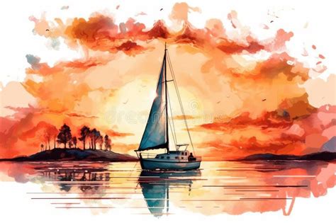 Sailboat in a Sunset, Watercolor, Radiant and Lush Stock Illustration - Illustration of graphic ...