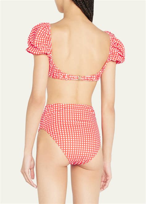 Caroline Constas Zoe Gingham Puff Sleeve Bikini Top Bergdorf Goodman