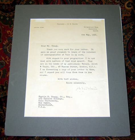 A One Page Typewritten Letter Signed By J R R Tolkien Matted Ready To