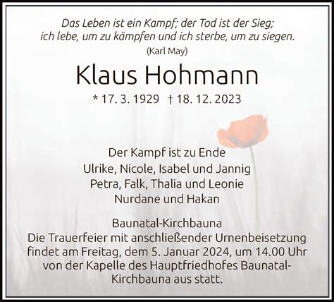 Traueranzeigen Von Klaus Hohmann Trauer Hna De