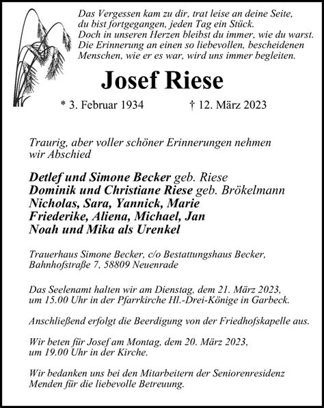 Traueranzeigen Von Josef Riese Trauer In NRW De