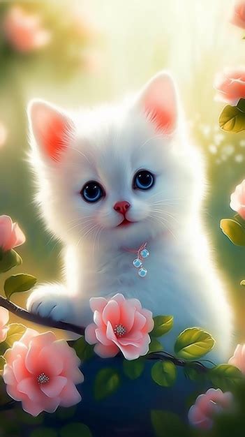 Premium AI Image | A white cat with a pink collar sits on a branch with ...