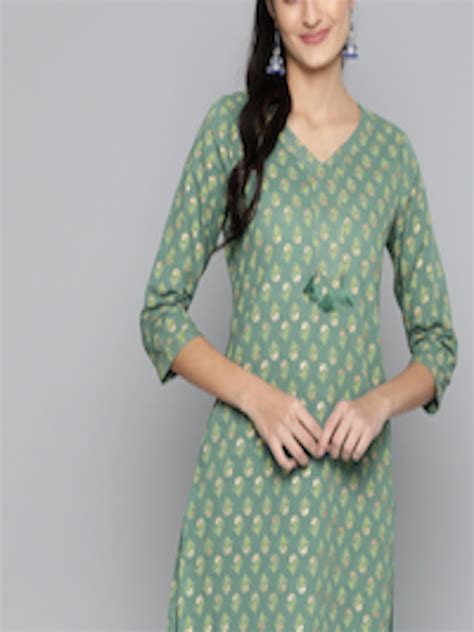 Buy Hereandnow Women Green And Golden Ethnic Motif Pure Cotton Print