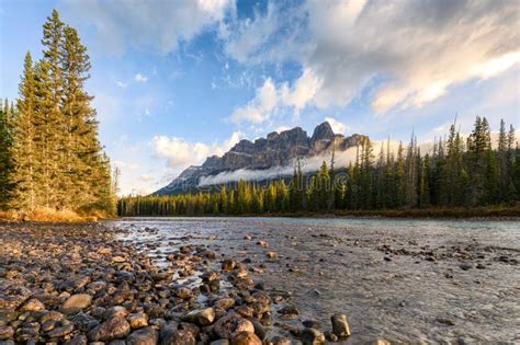 Sunrise On Castle Mountain And Bow River At Banff National Park Stock