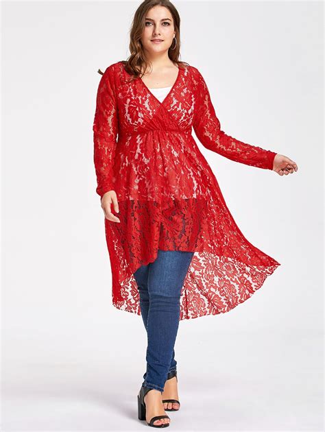 2018 Plus Size Sheer Lace Empire Waist High Low Blouse Red Xl In