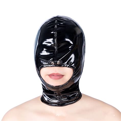 SM Leather Zipper Hood Mask Blindfold Oral Sex Dildo Penis Gag Open Mouth Plug Slave Head