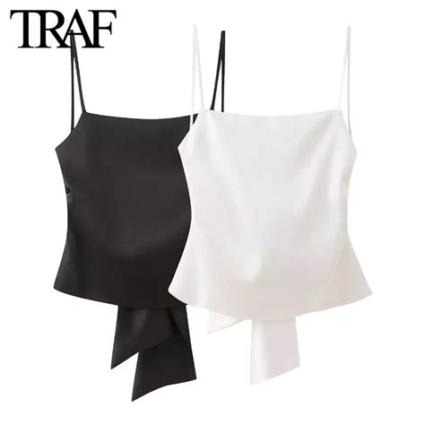 Traf Women Fashion Summer New Back Bow White Satin Backless Sling Crop