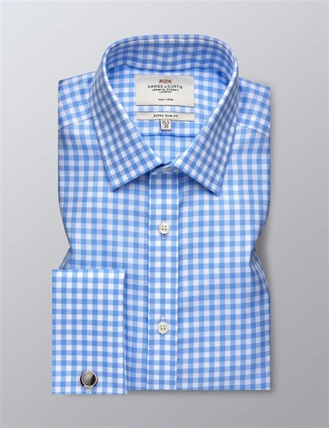 Non Iron Large Gingham Check Mens Extra Slim Fit Shirt With Semi