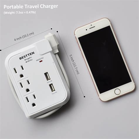 Bestten 3 Outlet Portable Travel Surge Protector With 2 4a Dual Usb Charging Ports 18in Cord