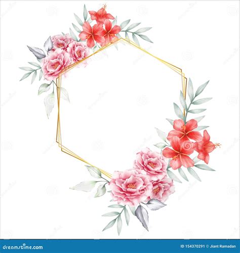 Watercolor Floral With Golden Geometric Frame Hand Drawing Peony And