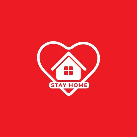 Stay Home White Logo Design Isolated on Red Background. Home and Heart ...