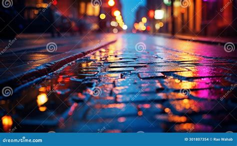 Multi Colored Neon Lights On A Dark City Street Reflection Of Neon