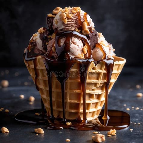 Um Cone De Waffle Colheres De Sorvete De Manteiga De Amendoim E