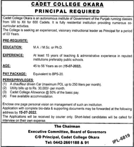 Cadet College Okara Principal Jobs 2022 2024 Job Advertisement Pakistan