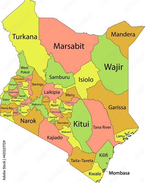 Pastel Vector Map Of The Republic Of Kenya With Black Borders And Names