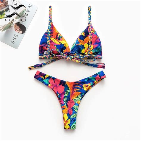 Bikinx Triangle Floral Print Bikinis 2019 Mujer Biquini Weave Push Up