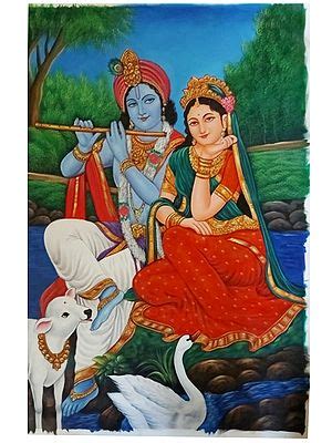 Standing Lord Krishna Playing Flute With Cow Acrylic Painting On