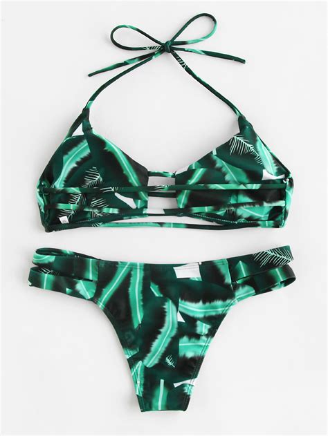 Tropical Print Ladder Cutout Halter Bikini Set Shein Sheinside