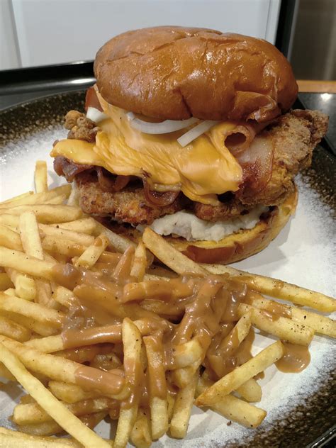 Homemade Fried Chicken Burger With Bacon Cheese And Mash Potato Rfood