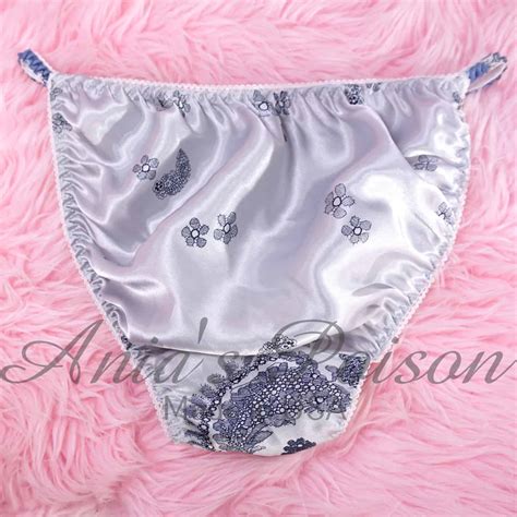 Anias Sissy Satin String Bikini Silver Floral Lace Print Shiny Wetlook Mens Panties Sz L