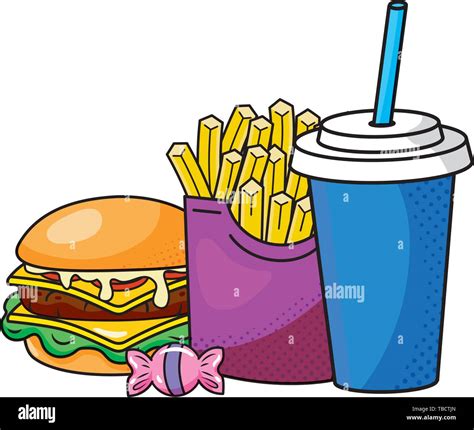 Hamburger French Fries And Soda Paper Cup And Straw And Candy Vector