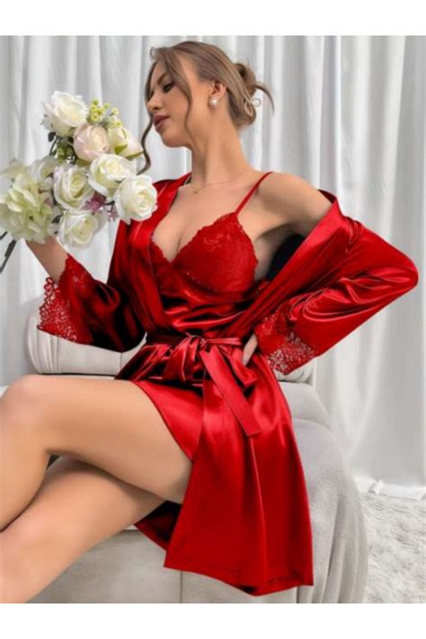 Zenu Lingerie Kırmızı Saten Sabahlıklı Gecelik Takım Fiyatı Yorumları