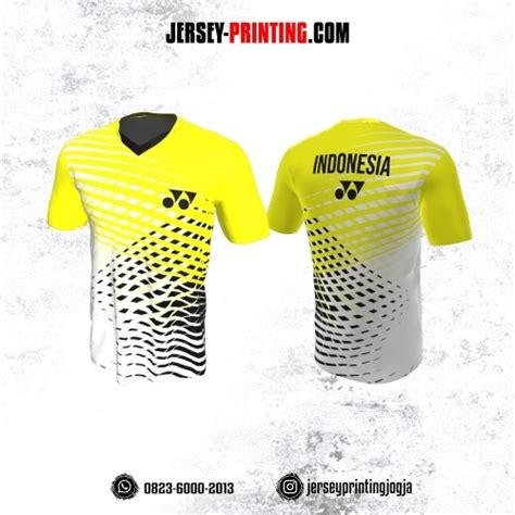 Jersey Badminton Putih Hijau Kuning Motif Garis Geometris Jersey