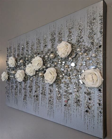 White Roses Glitter Glass Painting Glass Wall Art Silver Glitter Art