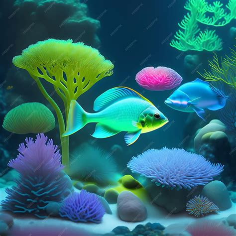 Premium AI Image | Underwater Algae and coral Bioluminescent Fish in