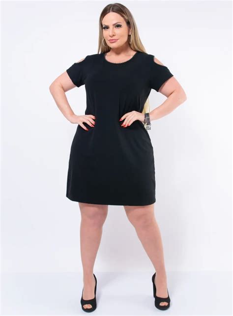 Vestido Curto Plus Size Ombro Vazado Bordado Mi Angas Best Size E