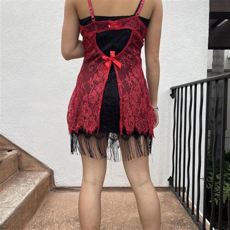 Red Lace Lingerie Dress With Bow Detail No Brand Depop
