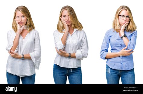 Collage Of Beautiful Blonde Business Woman Over White Isolated Background Thinking Looking Tired