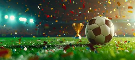 Soccer Ball Trophy and Confetti Celebration on a vibrant green soccer ...