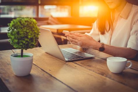 Close Up of Businesswoman Working at Outdoors Office with Laptop and ...