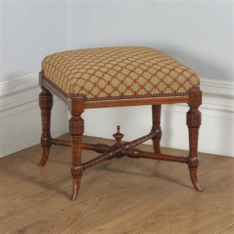 Antique English Victorian Walnut Upholstered Foot Stool Poof Circa