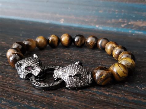 Luxury Tiger Eye Mens Bracelet Gunmetal Cz Pave Jaguar Head Men