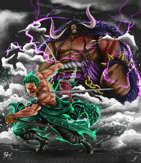 The illustration Roronoa Zoro vs Kaido , with the tags samurai