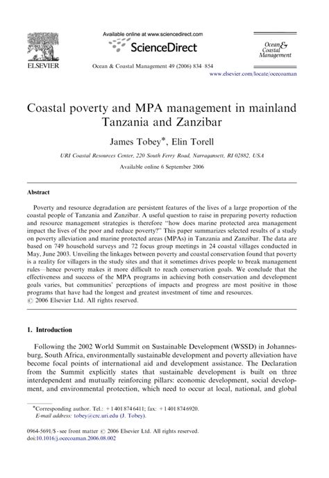 PDF Coastal Poverty And MPA Management In Mainland Tanzania And Zanzibar