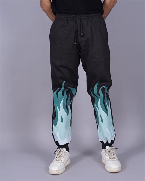 Buy Mens Black And Green Fire Printed Oversized Parachute Pants Online