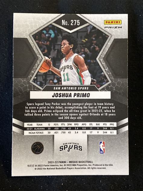 Panini Mosaic Silver Prizm Joshua Primo Nba Debut San