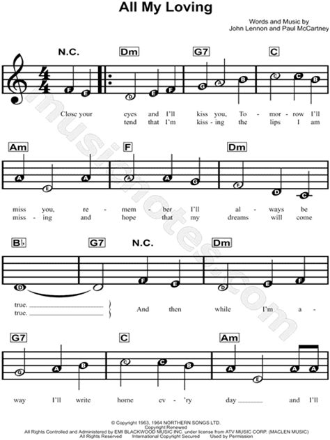 The Beatles All My Loving Sheet Music For Beginners In C Major