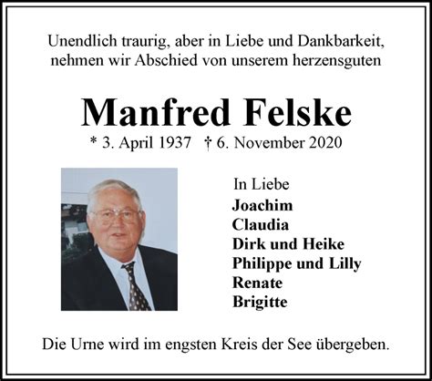 Traueranzeigen Von Manfred Felske Trauer Gedenken